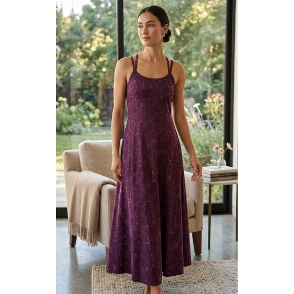 Pact Dresses & Skirts - Pact Floral Organic Cotton Midi Dress Sz M Purple Criss Cross Back Beach Coastal